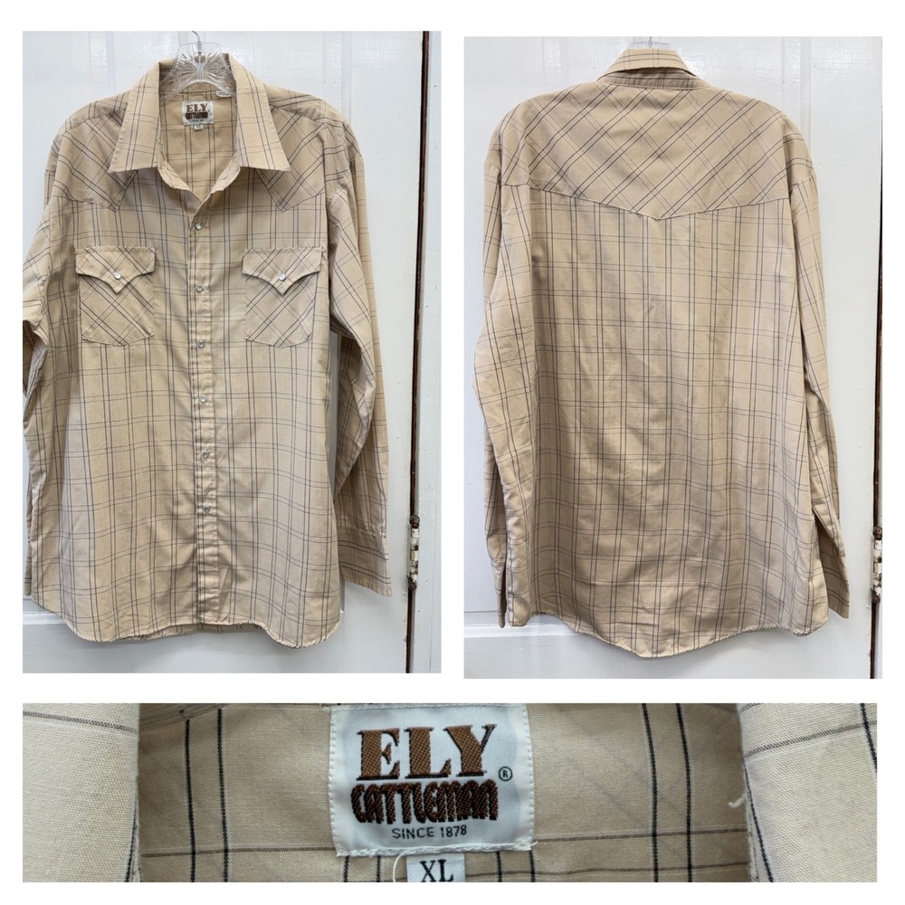 Vintage Ely Cattleman‎ western wear pearl snap long sleeve shirt men's xl tan